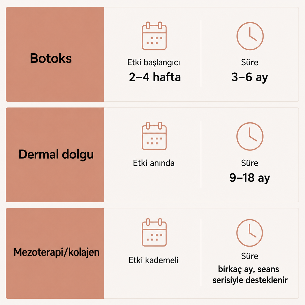 Botoks, dolgu ve mezoterapinin etki başlangıcı ile kalıcılık sürelerini karşılaştıran görsel tablo