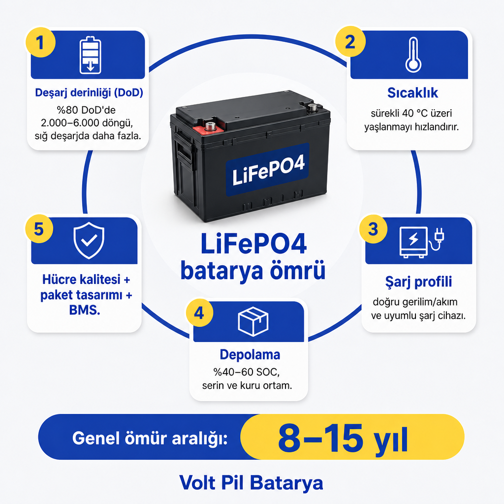 LiFePO4 batarya ömrünü etkileyen beş faktörü ve 8–15 yıllık genel aralığı gösteren infografik.