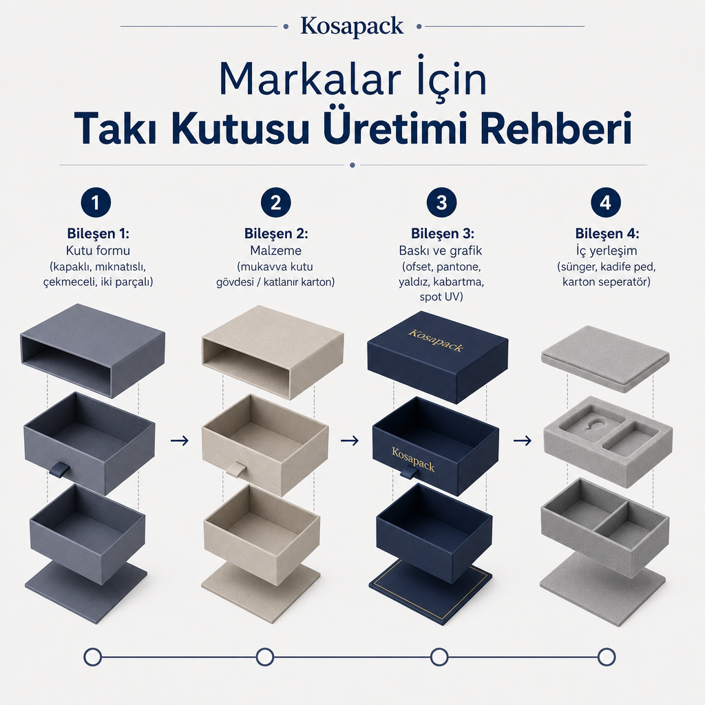Takı kutusunu oluşturan kutu formu, malzeme, baskı ve iç yerleşim bileşenlerini gösteren diyagram