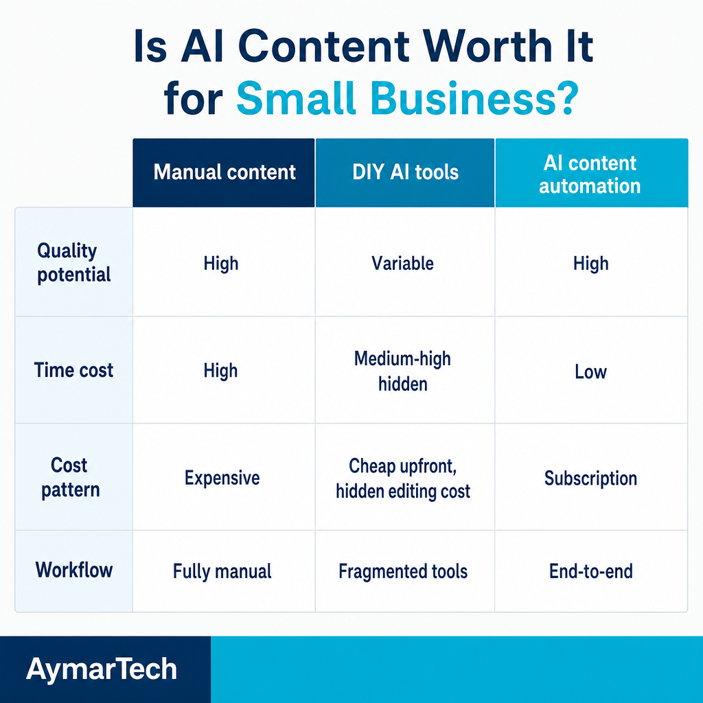 Comparison graphic showing quality, time, cost, and workflow across manual content, DIY AI tools, and AI content automation