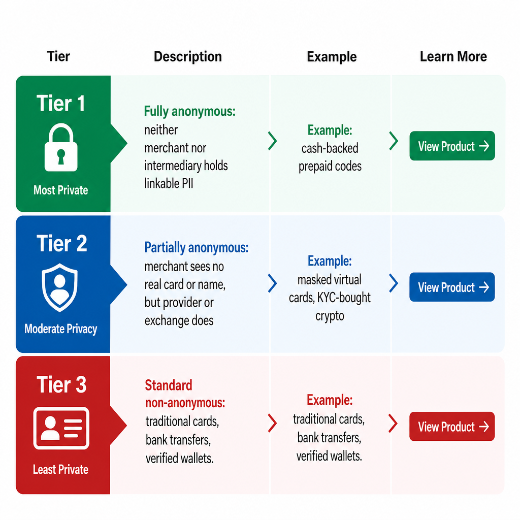 Diagram of three privacy tiers: fully anonymous, partially anonymous, and standard non-anonymous, with an example for each.