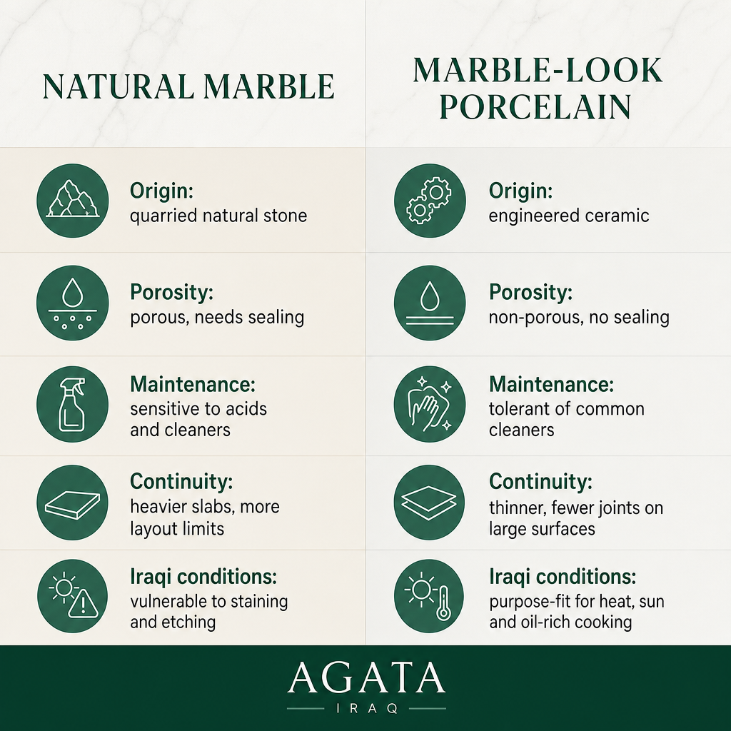Comparison graphic showing natural marble against marble-look porcelain across origin, porosity, maintenance, continuity and suitability for Iraqi conditions
