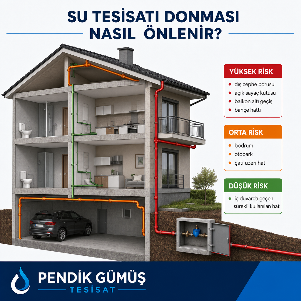 Bir binada dış cephe, sayaç kutusu, bodrum ve iç duvar boru güzergâhlarının donma riskine göre renklerle işaretlendiği kesit diyagramı.