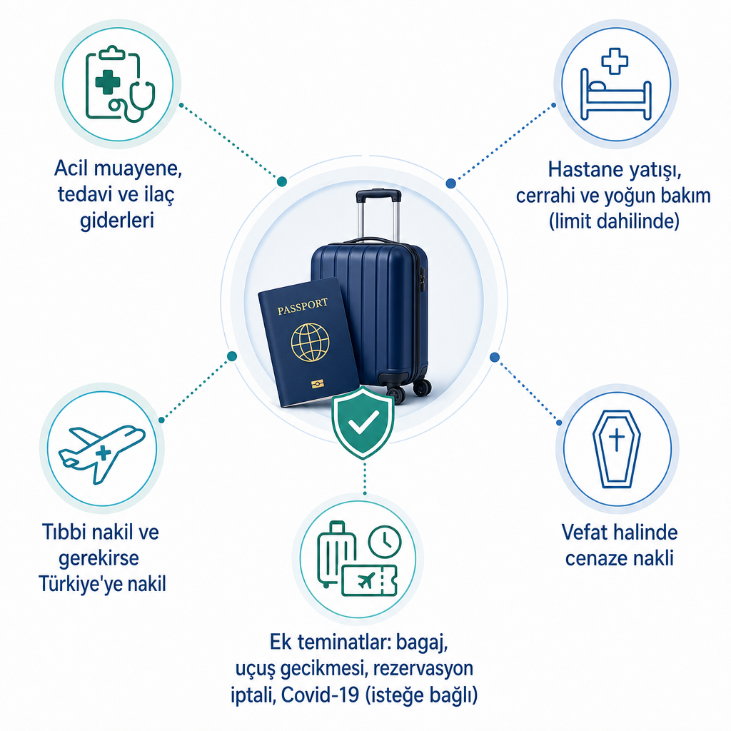 Yurtdışı seyahat sağlık sigortasının temel ve ek teminatlarını gösteren infografik