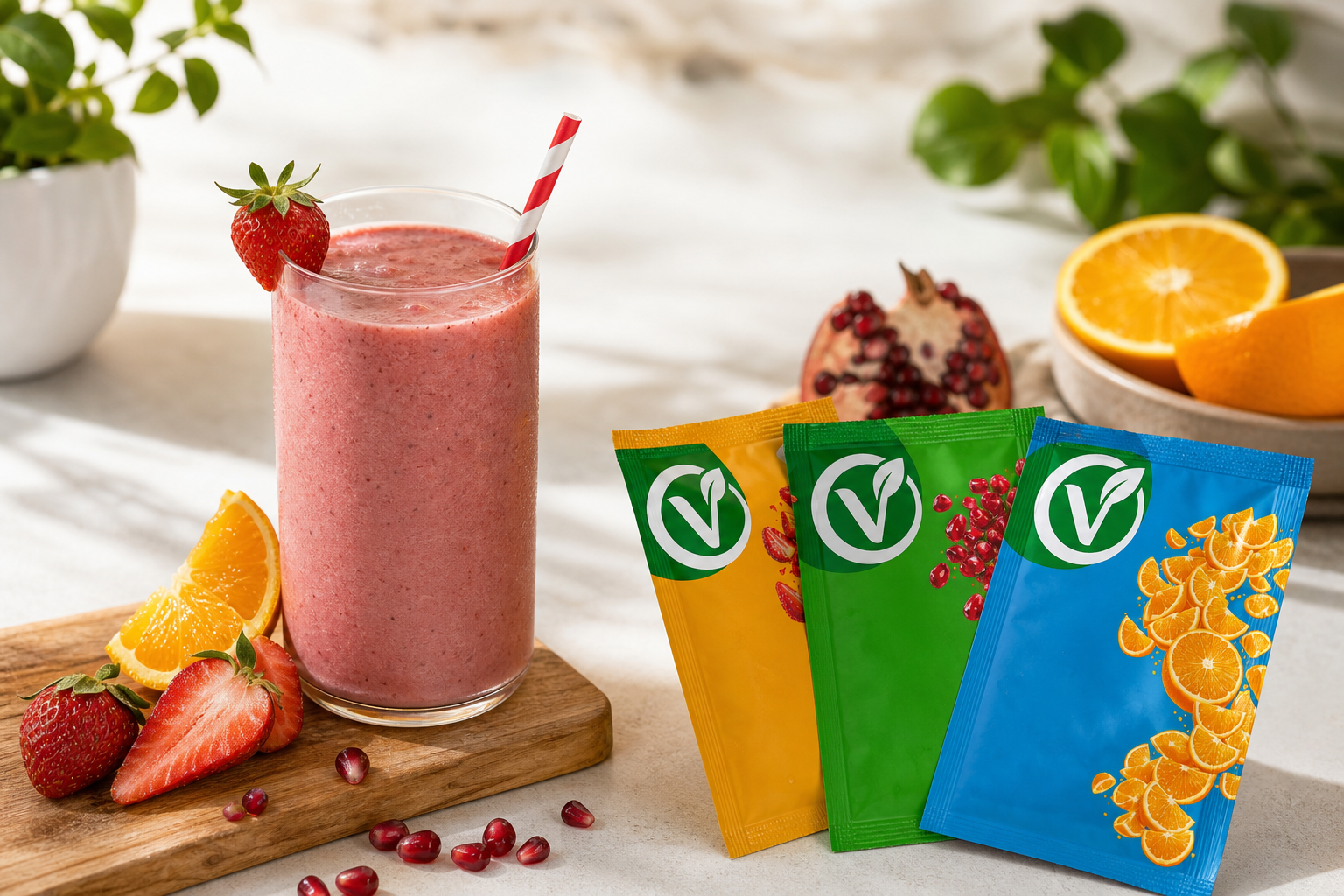 VeyraDry çilek, nar ve portakal tozu şaseleri ve yanında hazırlanmış bir smoothie bardağı