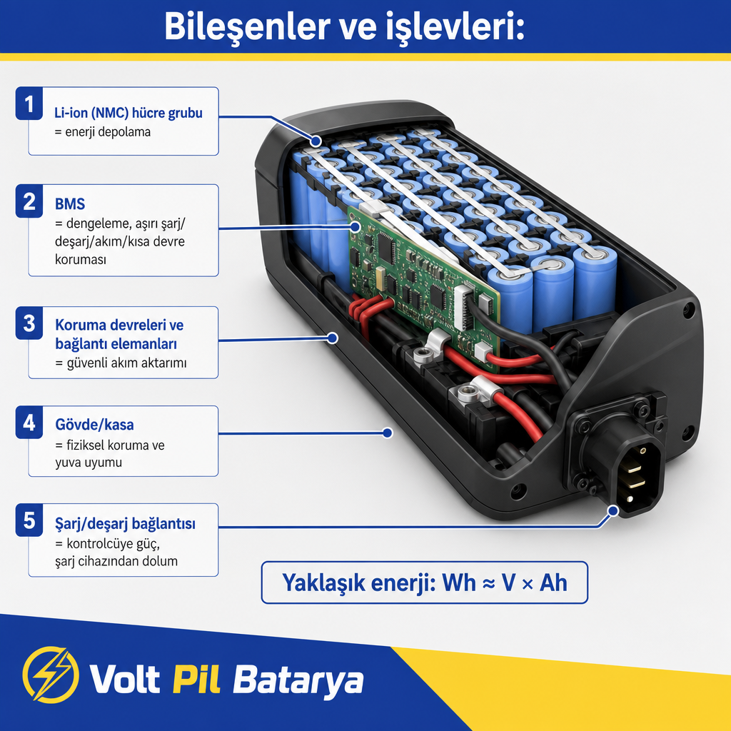 Elektrikli bisiklet batarya paketinin hücre grubu, BMS, koruma devreleri ve gövdeden oluşan bileşenlerini gösteren diyagram.
