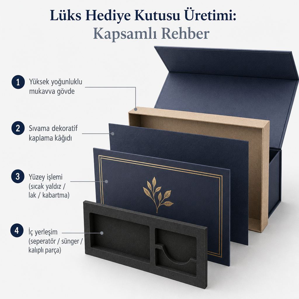 Lüks mukavva hediye kutusunun mukavva gövde, kaplama kâğıdı, yüzey işlemi ve iç yerleşim katmanlarını gösteren kesit diyagramı