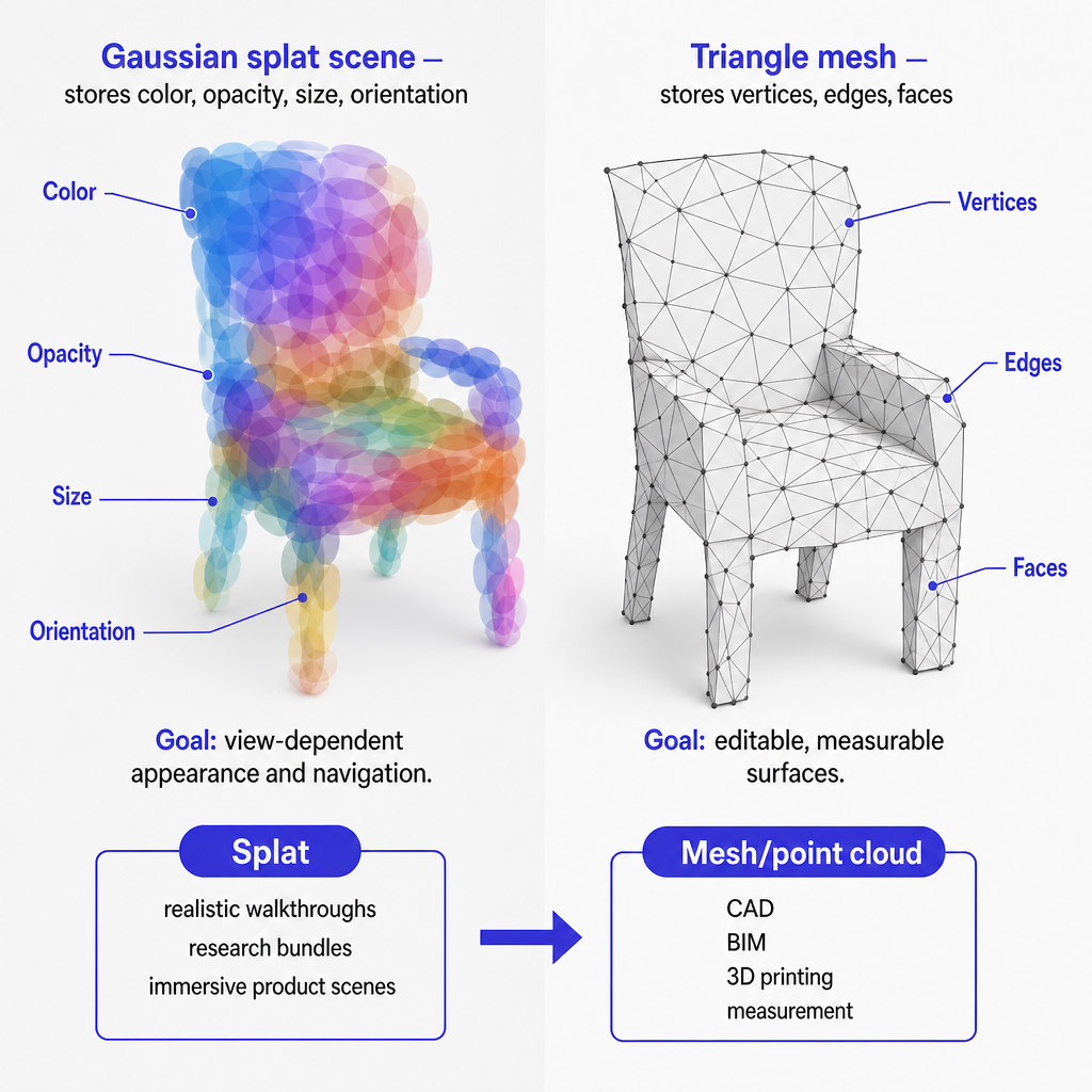 Diagram comparing a Gaussian splat scene of soft ellipsoids against a triangle mesh, mapping each to its typical use.