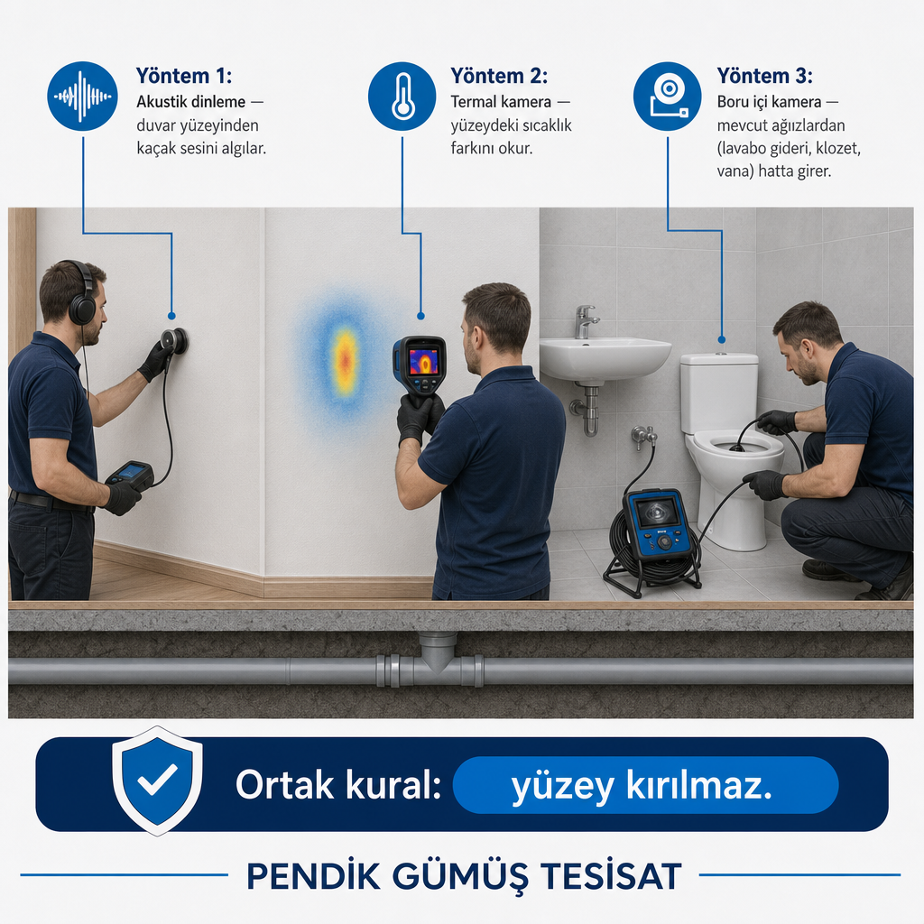 Duvar kesitinde akustik dinleme, termal kamera ve boru içi kamera yöntemlerinin yüzeyden çalıştığını gösteren diyagram.