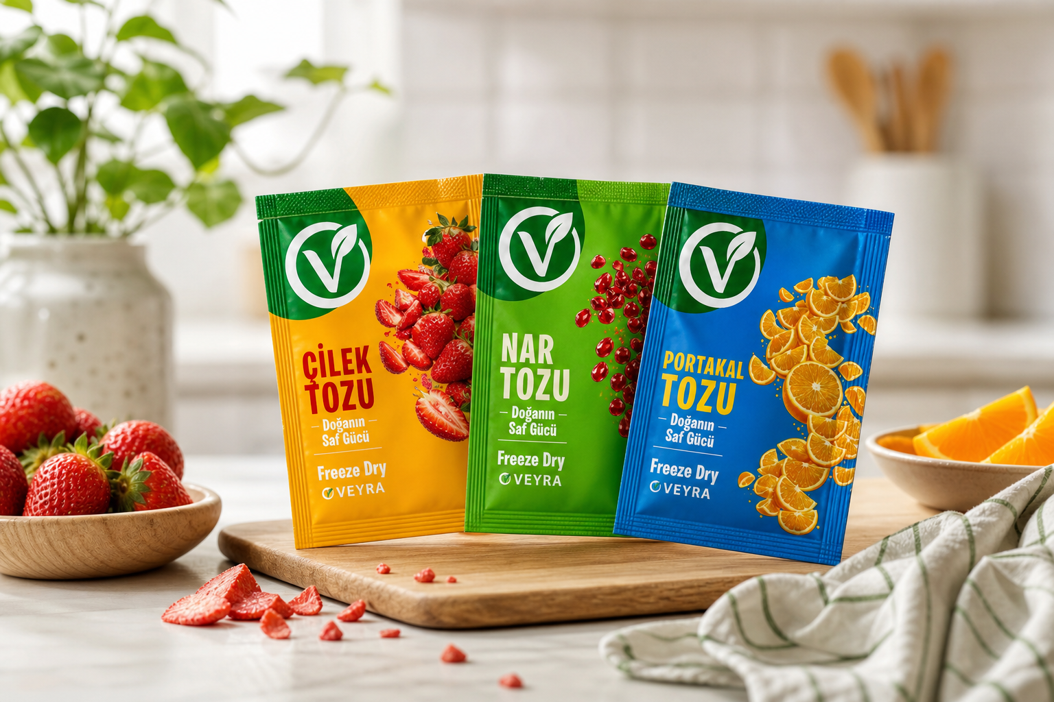 Portakal, nar ve çilek freeze dry meyve tozu paketleri beyaz zeminde yan yana