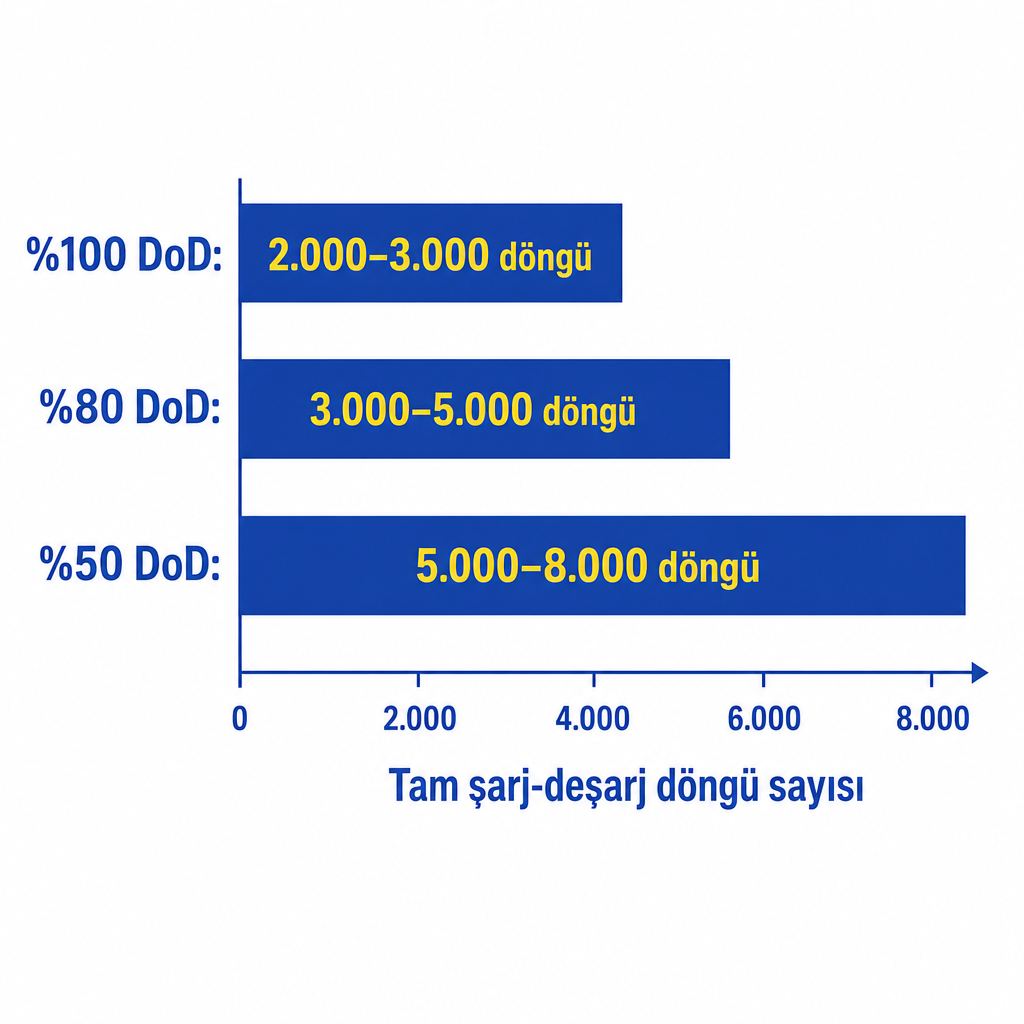 LiFePO4 bataryada deşarj derinliği azaldıkça çevrim ömrünün nasıl arttığını gösteren çubuk grafik