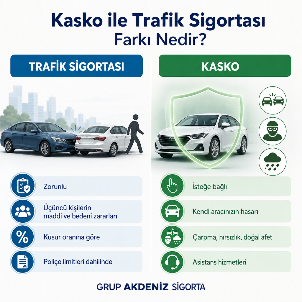 Trafik sigortasının üçüncü kişileri, kaskonun kendi aracı koruduğunu gösteren iki sütunlu karşılaştırma görseli.