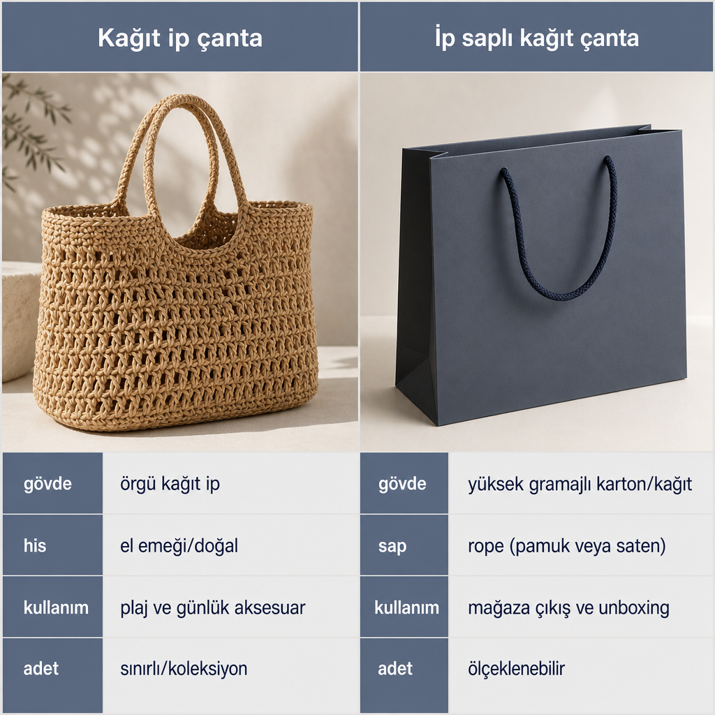 Kağıt ip çanta ile ip saplı kağıt çantanın gövde, sap, kullanım ve adet açısından yan yana karşılaştırması