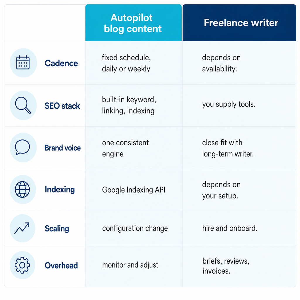 Side-by-side comparison of autopilot blog content and a freelance writer across cadence, SEO stack, brand voice, indexing, scaling, and overhead.