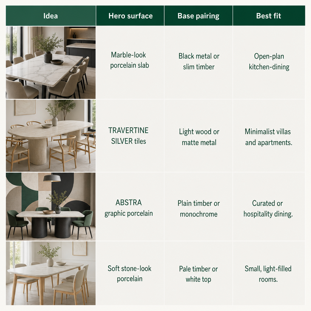 Comparison table of four dining table ideas with hero surface, base pairing and best fit