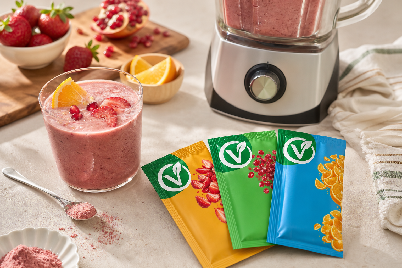 Portakal, nar ve çilek meyve tozu saşeleri ile yanında hazırlanmış bir bardak smoothie