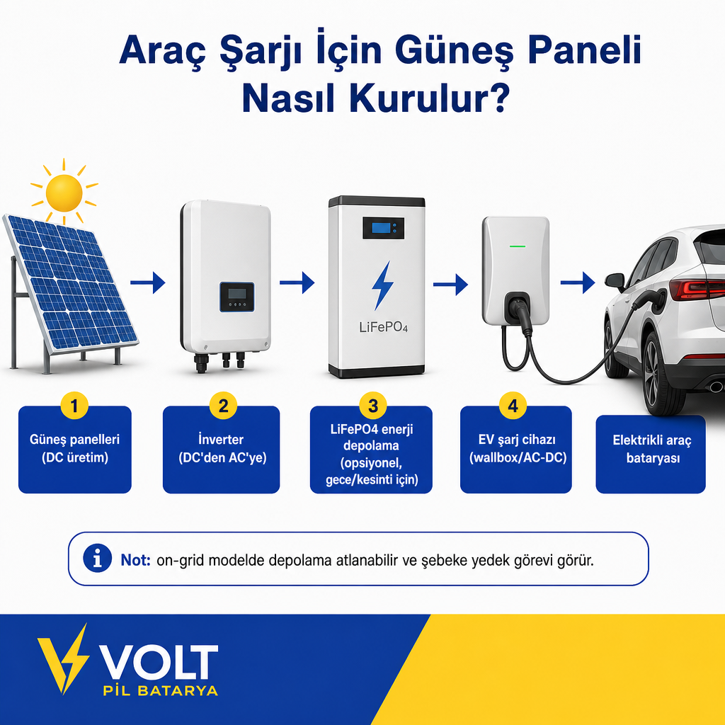 Güneş panelinden invertere, LiFePO4 depolamaya ve EV şarj cihazına uzanan enerji akışını gösteren şema