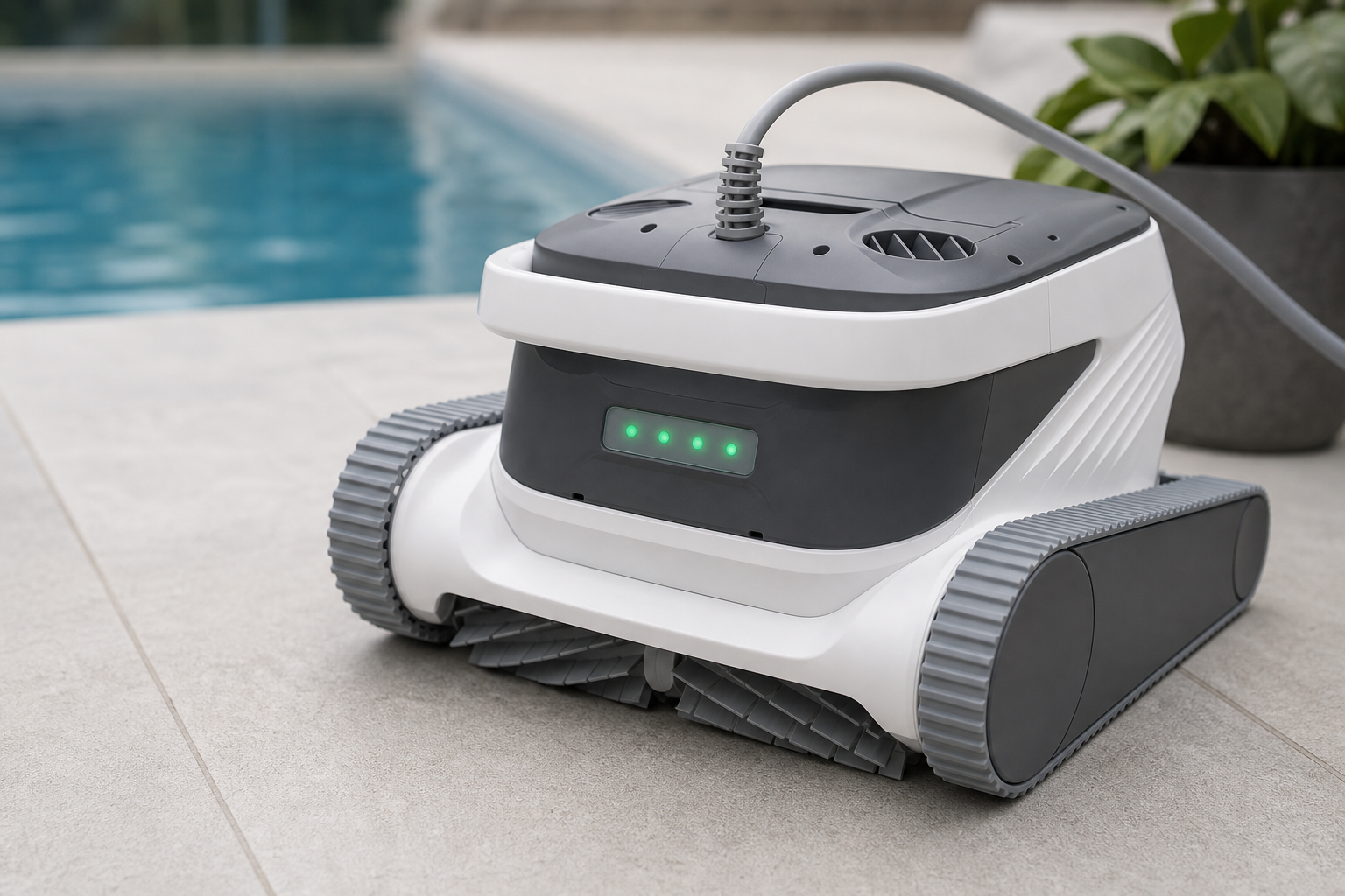 Gri-beyaz gövdeli, paletli tekerlekli Chasing Poolmate havuz temizleme robotu ön-sol açıdan