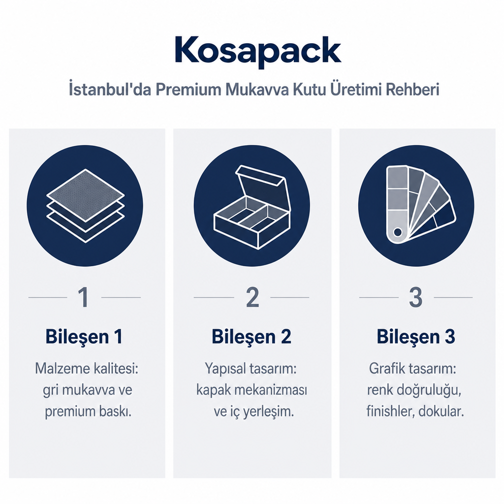 Premium mukavva kutuyu tanımlayan malzeme, yapı ve grafik tasarım bileşenlerini gösteren infografik