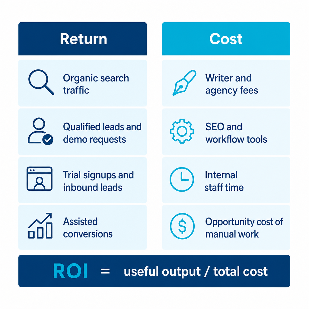 Diagram comparing content marketing return factors against cost factors with an output-to-cost ratio bar.