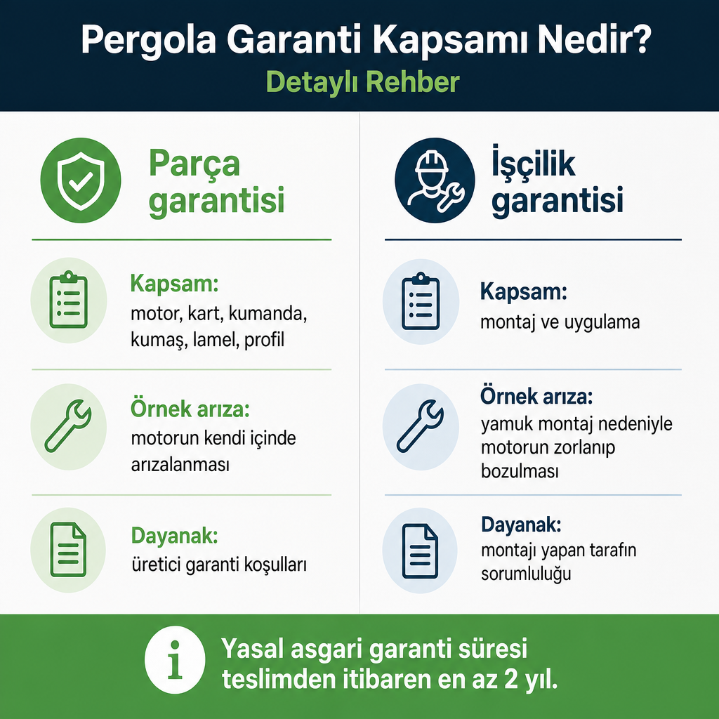 Parça garantisi ile işçilik garantisinin kapsam, örnek arıza ve dayanak açısından karşılaştırıldığı iki sütunlu görsel.