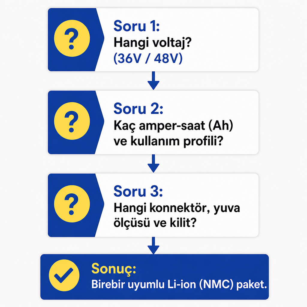 Elektrikli bisiklet bataryası seçiminin voltaj, kapasite ve konnektör sorularını gösteren infografik