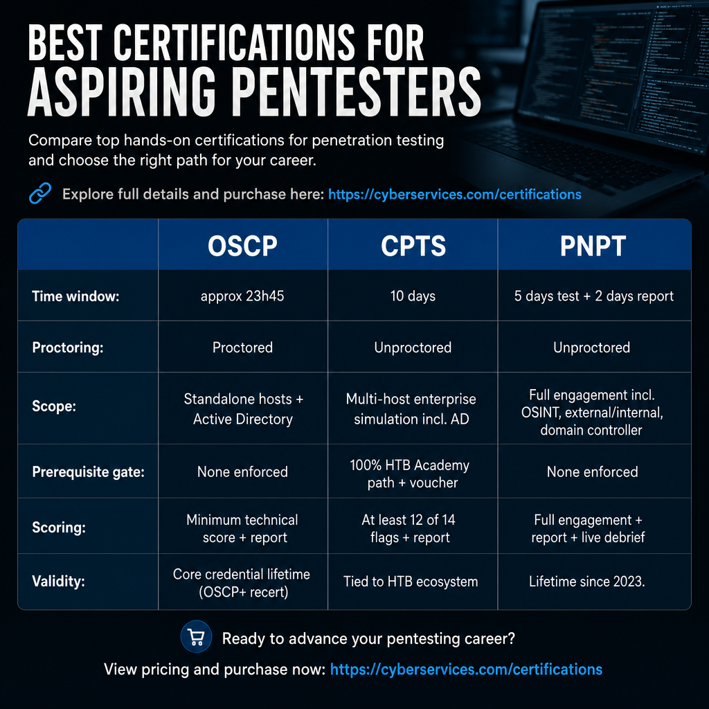 Comparison table showing exam window, proctoring, scope, prerequisites, scoring, and validity for OSCP, CPTS, and PNPT.