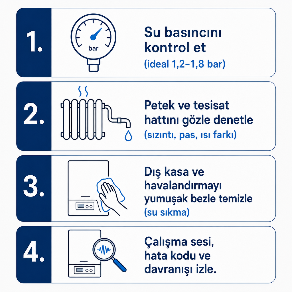 Evde güvenle yapılabilecek dört kombi kontrol adımını gösteren süreç şeması