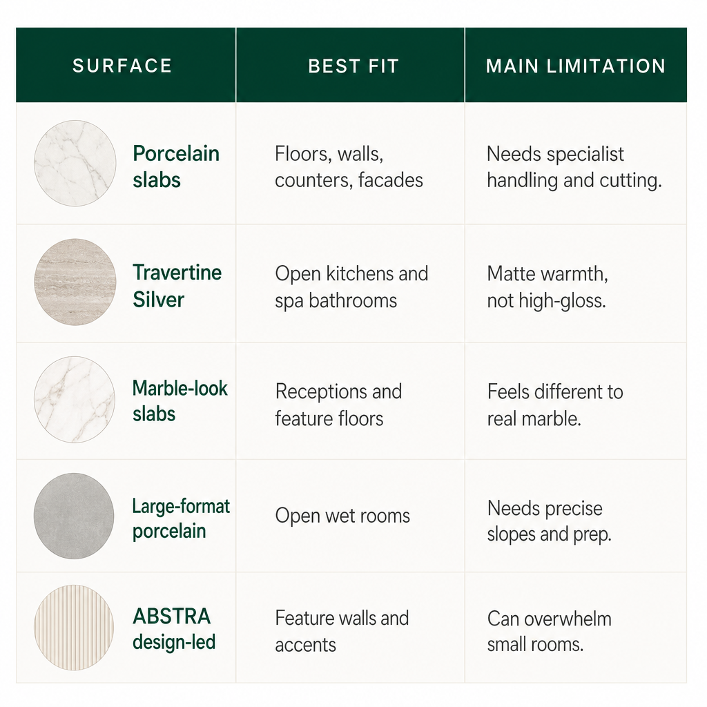 Comparison chart of five villa surface types with their best fit and main limitation