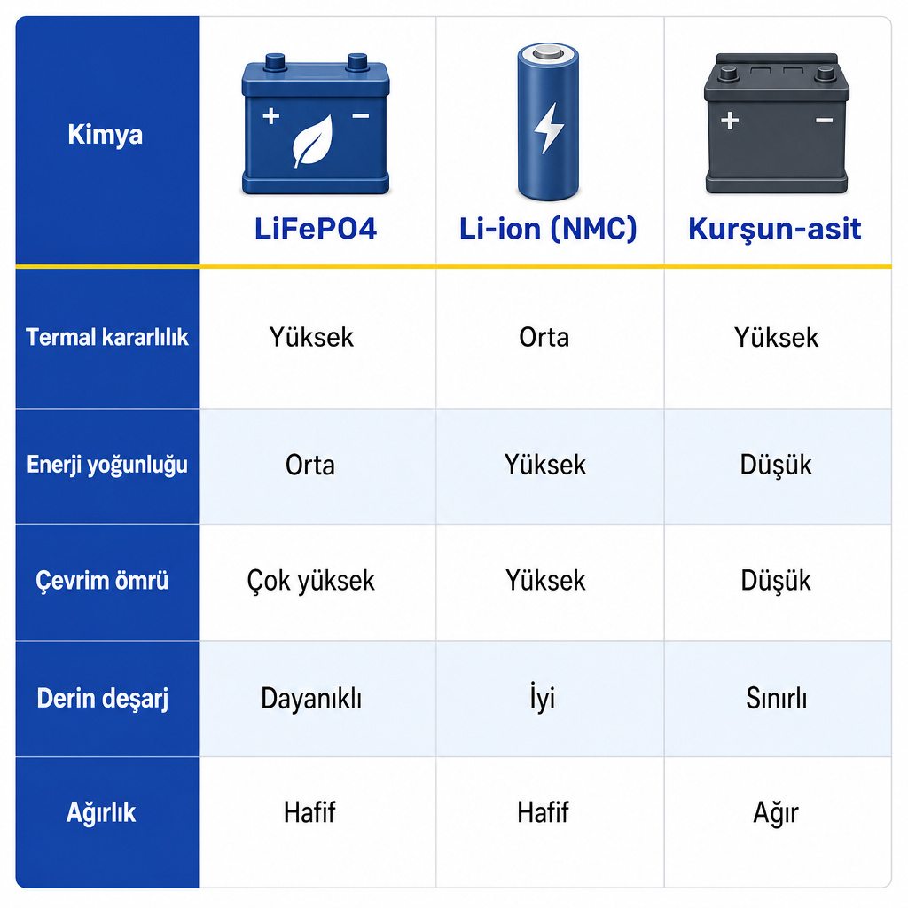 LiFePO4, Li-ion NMC ve kurşun-asit akülerin termal kararlılık, enerji yoğunluğu, çevrim ömrü, derin deşarj ve ağırlık açısından karşılaştırması