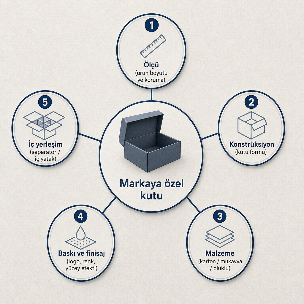 Markaya özel kutu üretimini oluşturan beş karar eksenini gösteren diyagram