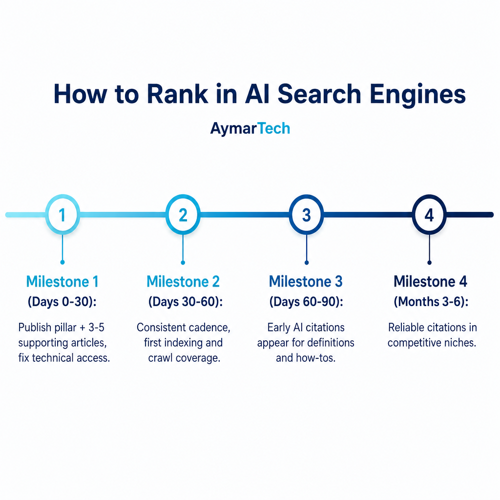 Timeline showing GEO progress from publishing in the first month to reliable AI citations by months three to six.