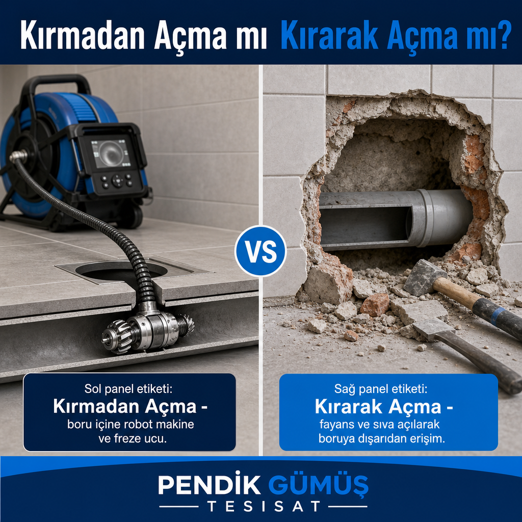 Solda boru içine giren robot kablosu, sağda boruya ulaşmak için açılan fayans ve duvarı gösteren karşılaştırma görseli.