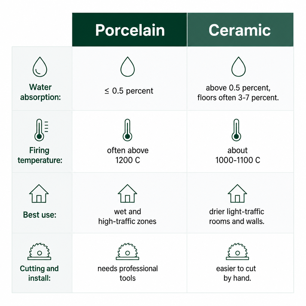 Comparison chart showing porcelain and ceramic differences in water absorption, firing temperature, best use and installation.
