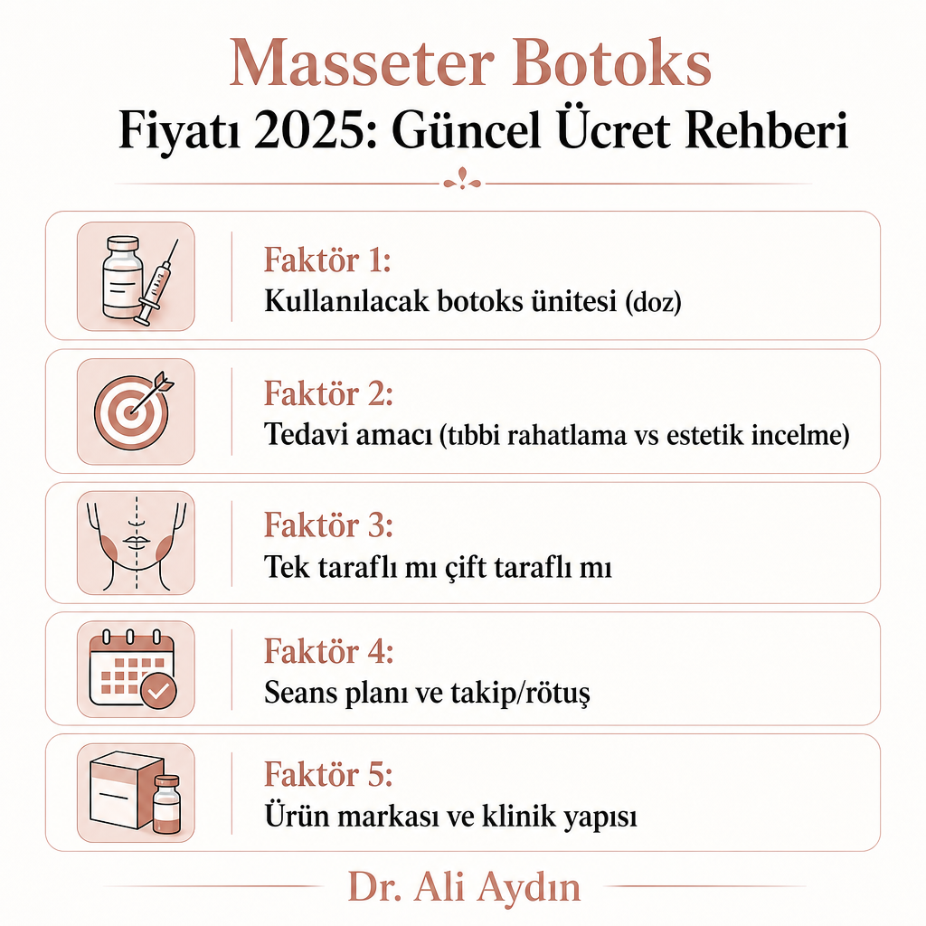 Masseter botoks fiyatını belirleyen beş ana etkeni gösteren bilgi grafiği