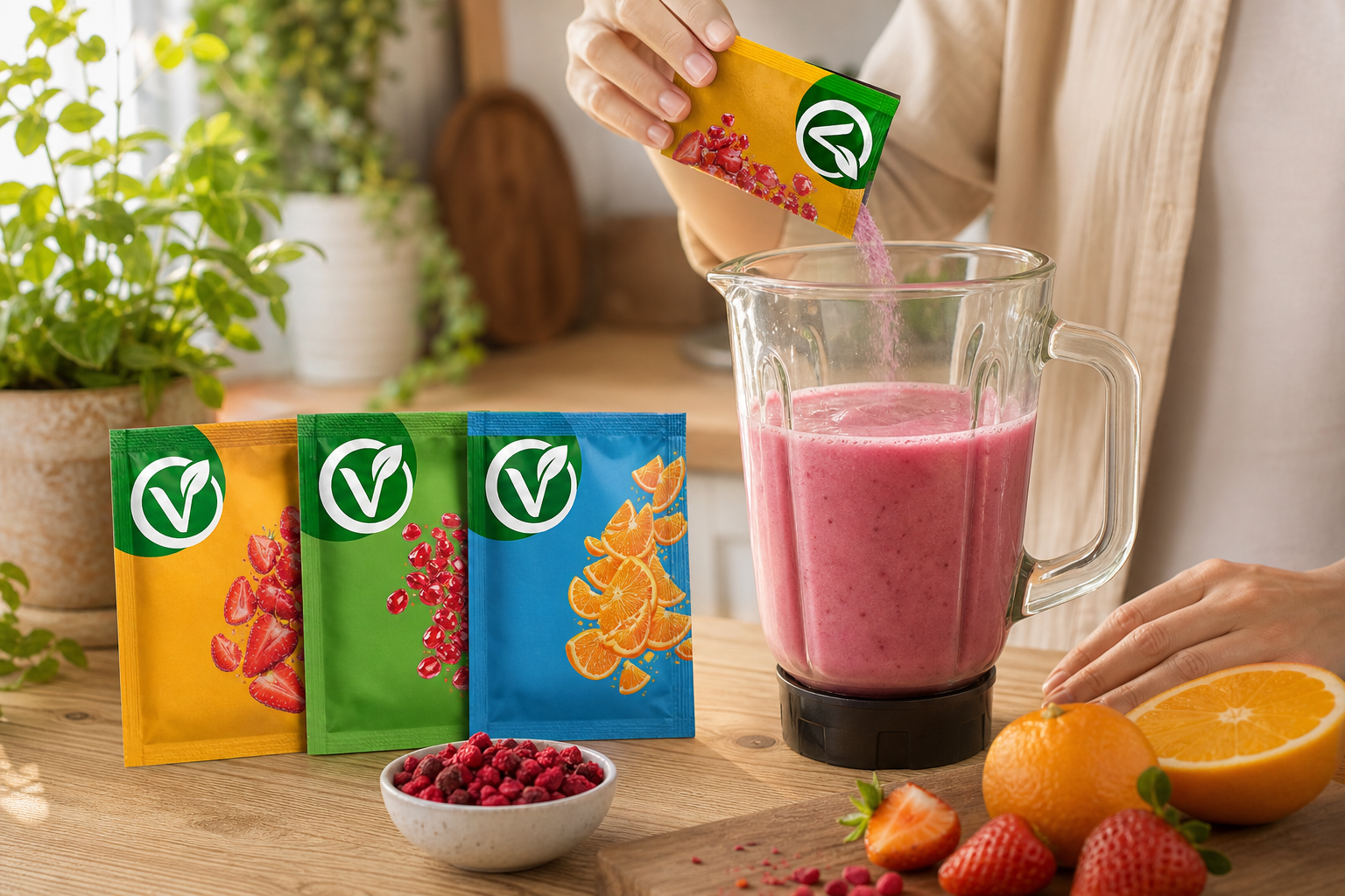 Portakal, nar ve çilek tozu şaseleri ve yanlarında pembe bir smoothie