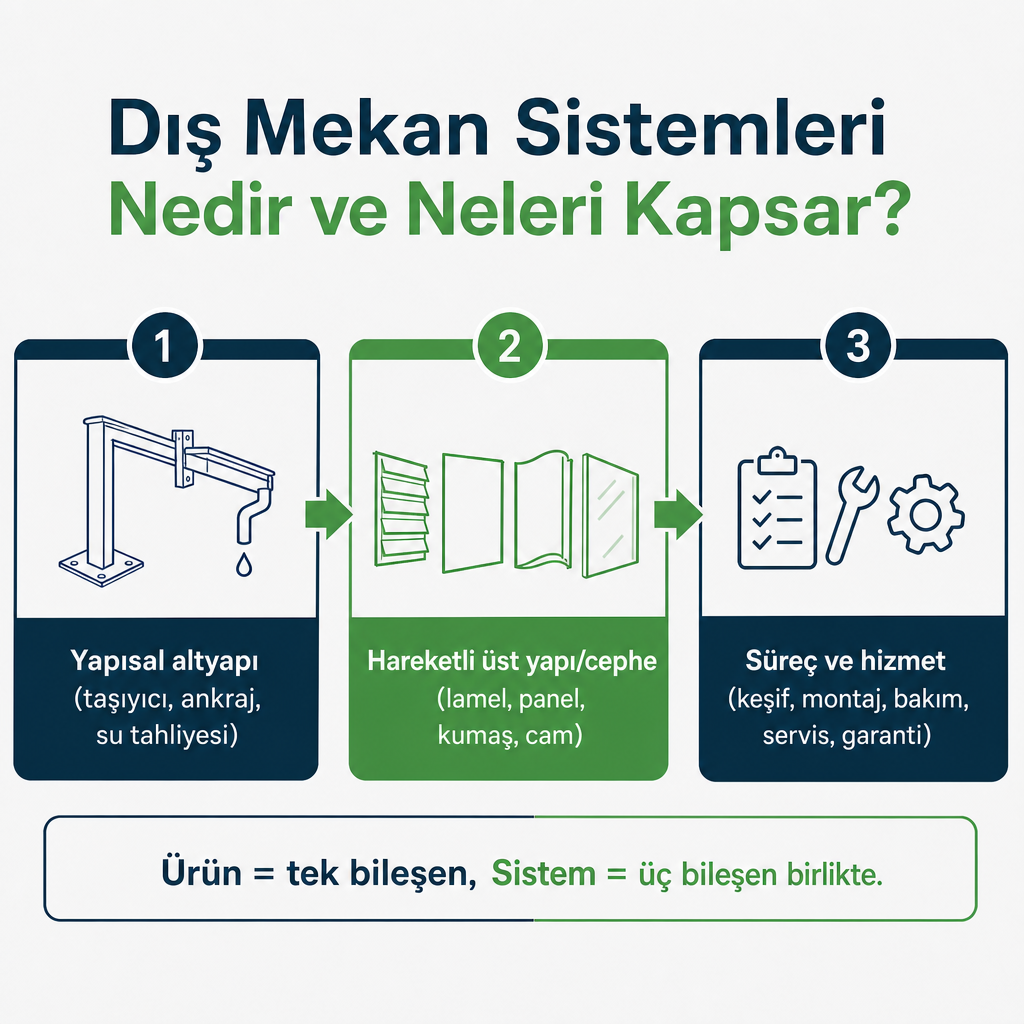 Dış mekan sistemini oluşturan yapısal altyapı, hareketli üst yapı ve hizmet süreci bileşenlerini gösteren şema