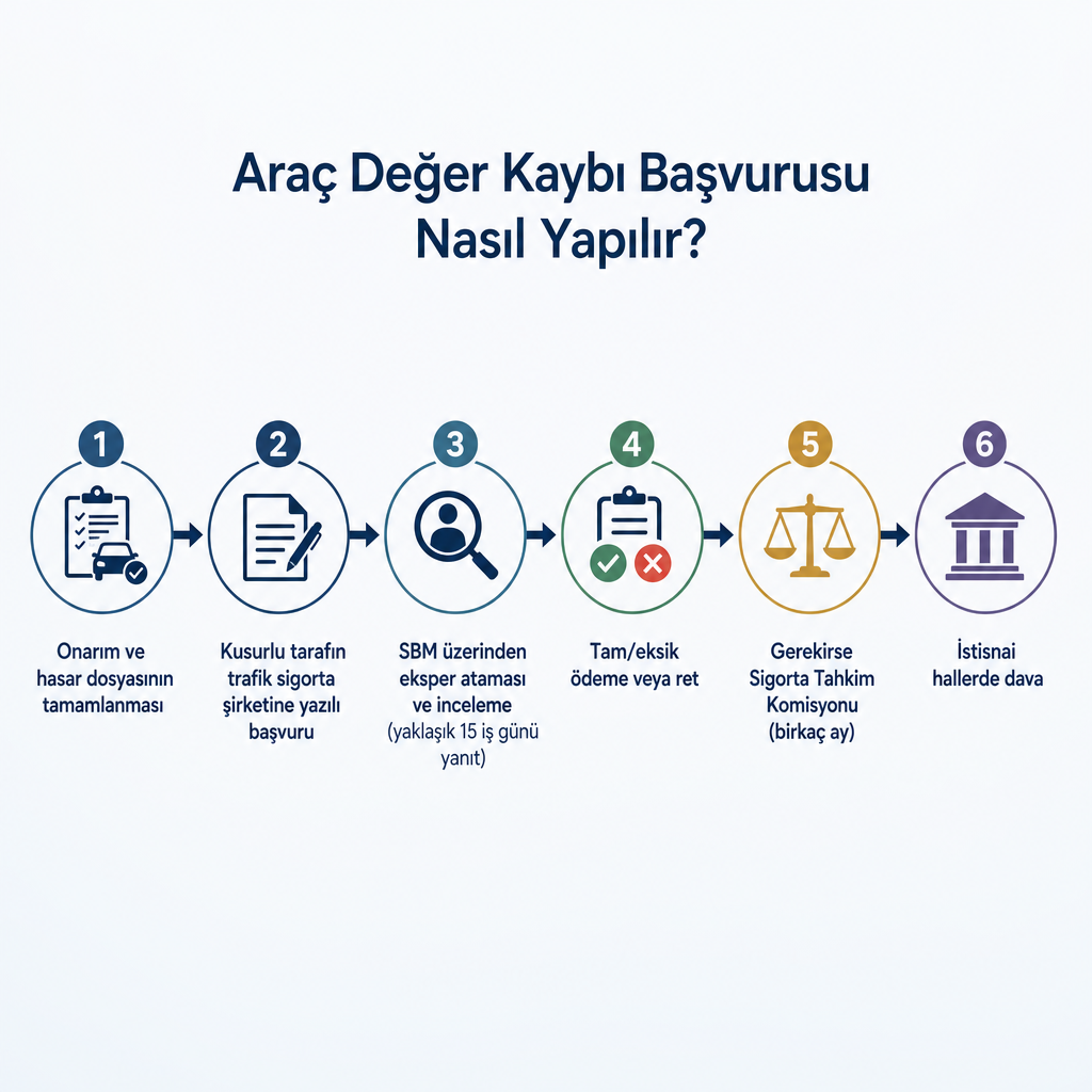Araç değer kaybı başvurusunun altı aşamalı zaman çizelgesi