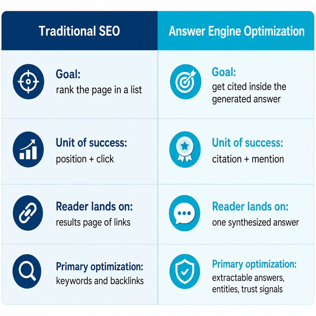 Side-by-side comparison showing how SEO optimizes for ranked links while AEO optimizes for citations inside AI-generated answers.