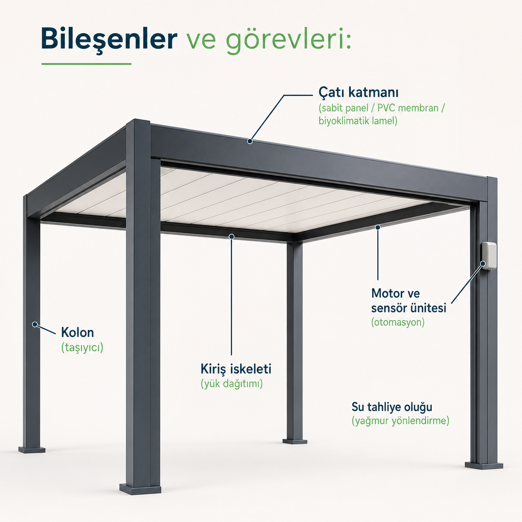 Pergola bileşenlerini gösteren etiketli diyagram: kolon, kiriş, çatı katmanı, su tahliye oluğu ve motor ünitesi.