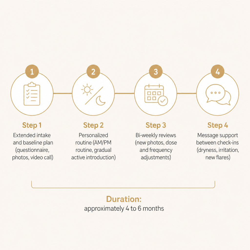 Four-stage diagram showing intake, personalized routine, bi-weekly reviews, and message support across a four to six month program