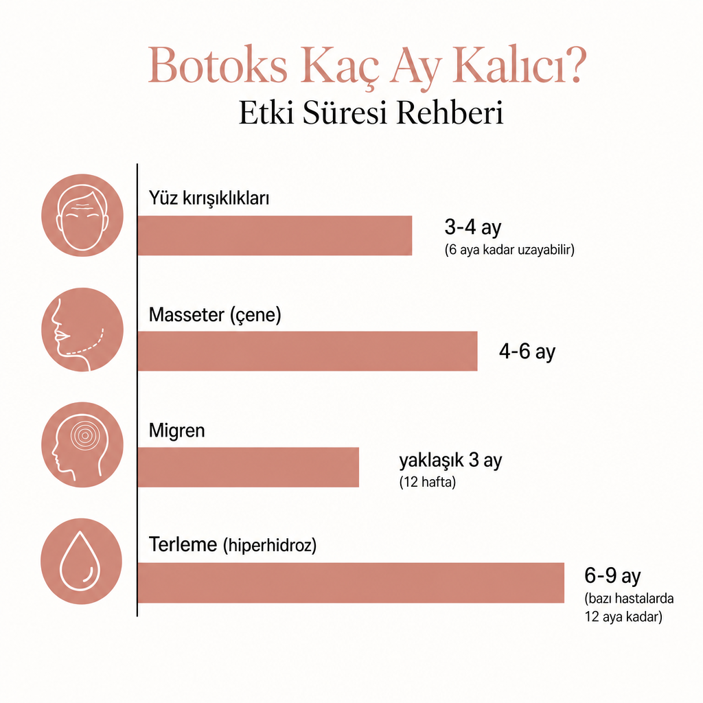 Botoks etki süresini bölgeye göre karşılaştıran yatay çubuk grafik