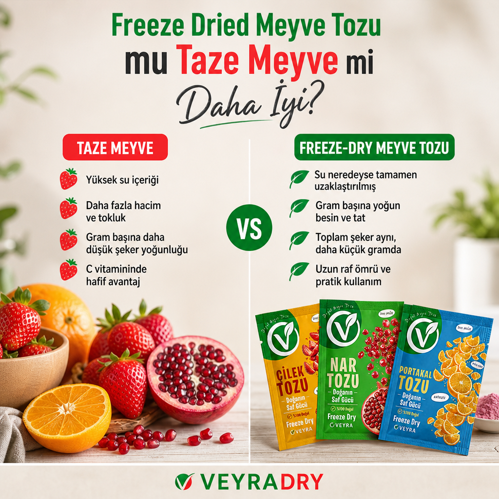 Taze meyve ile freeze-dry meyve tozunun su, hacim, şeker yoğunluğu ve raf ömrü açısından karşılaştırıldığı görsel.