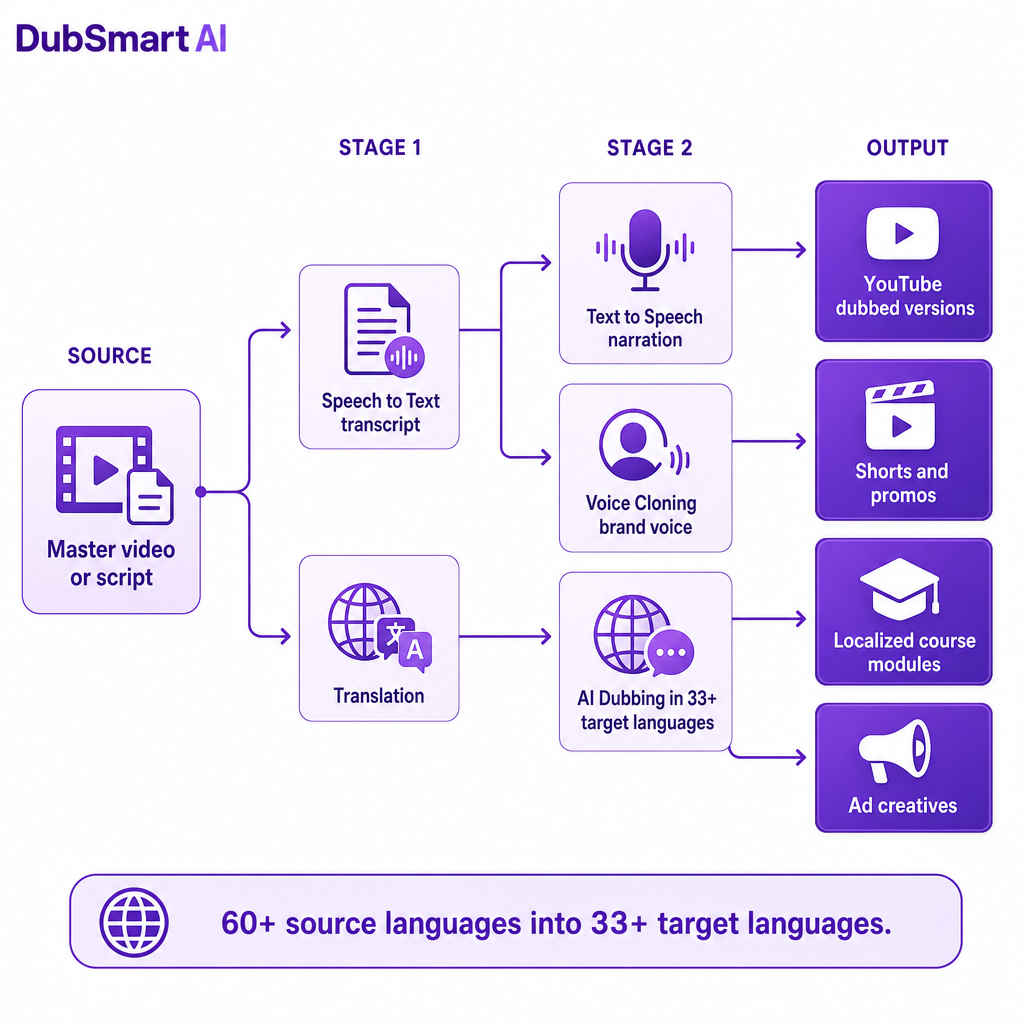 Diagrama mostrando um vídeo master fluindo por transcrição, tradução, voz e dublagem para muitas saídas localizadas.