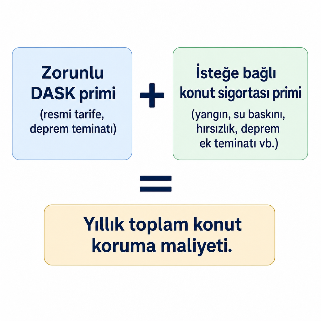 DASK primi ile konut sigortası priminin toplanarak yıllık toplam maliyeti oluşturduğunu gösteren diyagram.