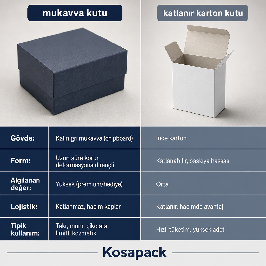 Mukavva kutu ile karton kutunun gövde, form, algılanan değer ve lojistik açısından karşılaştırması