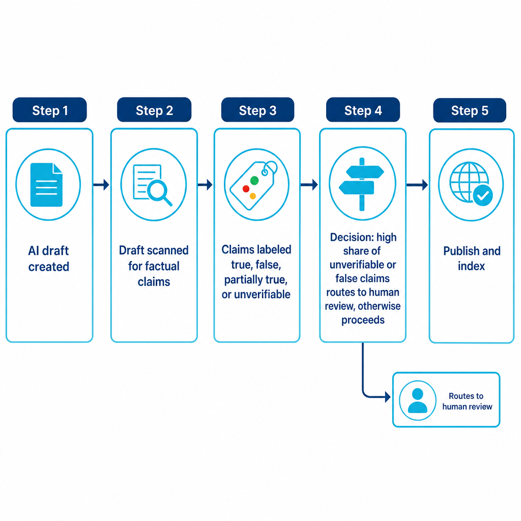 Five-step flow showing an AI draft moving through claim scanning, labeling, a human-review decision branch, and publishing