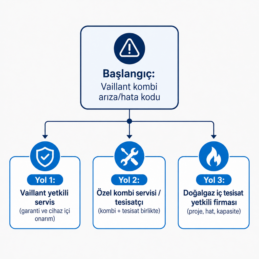 Vaillant kombi arızasında üç farklı servis yolunu gösteren karar şeması