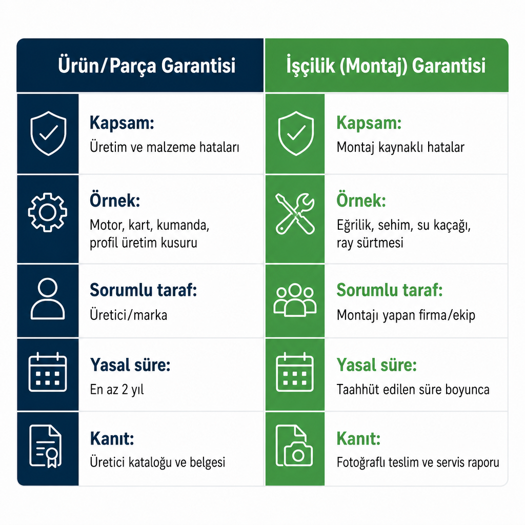 Ürün garantisi ile işçilik garantisini kapsam, örnek, sorumlu taraf ve kanıt başlıklarıyla karşılaştıran görsel.