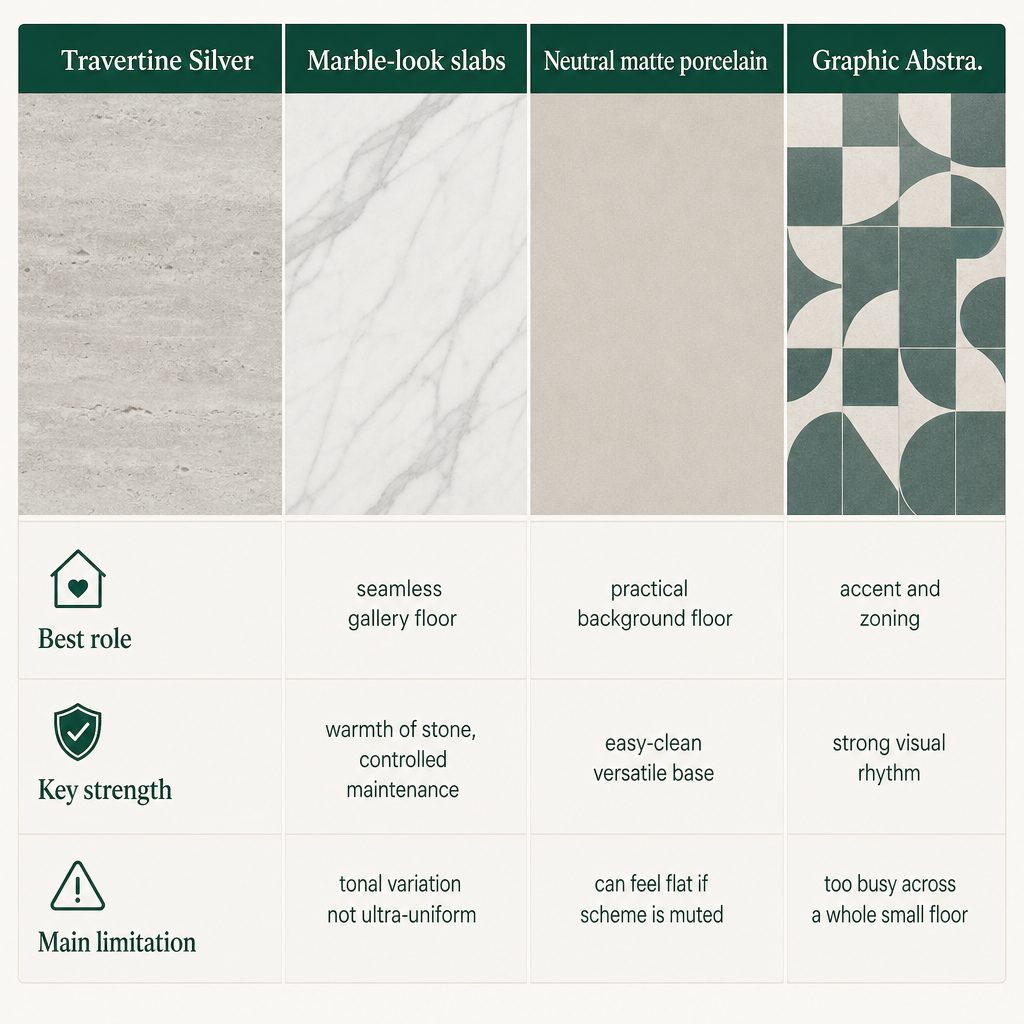 Comparison chart of four porcelain kitchen flooring options showing their role, strength and limitation